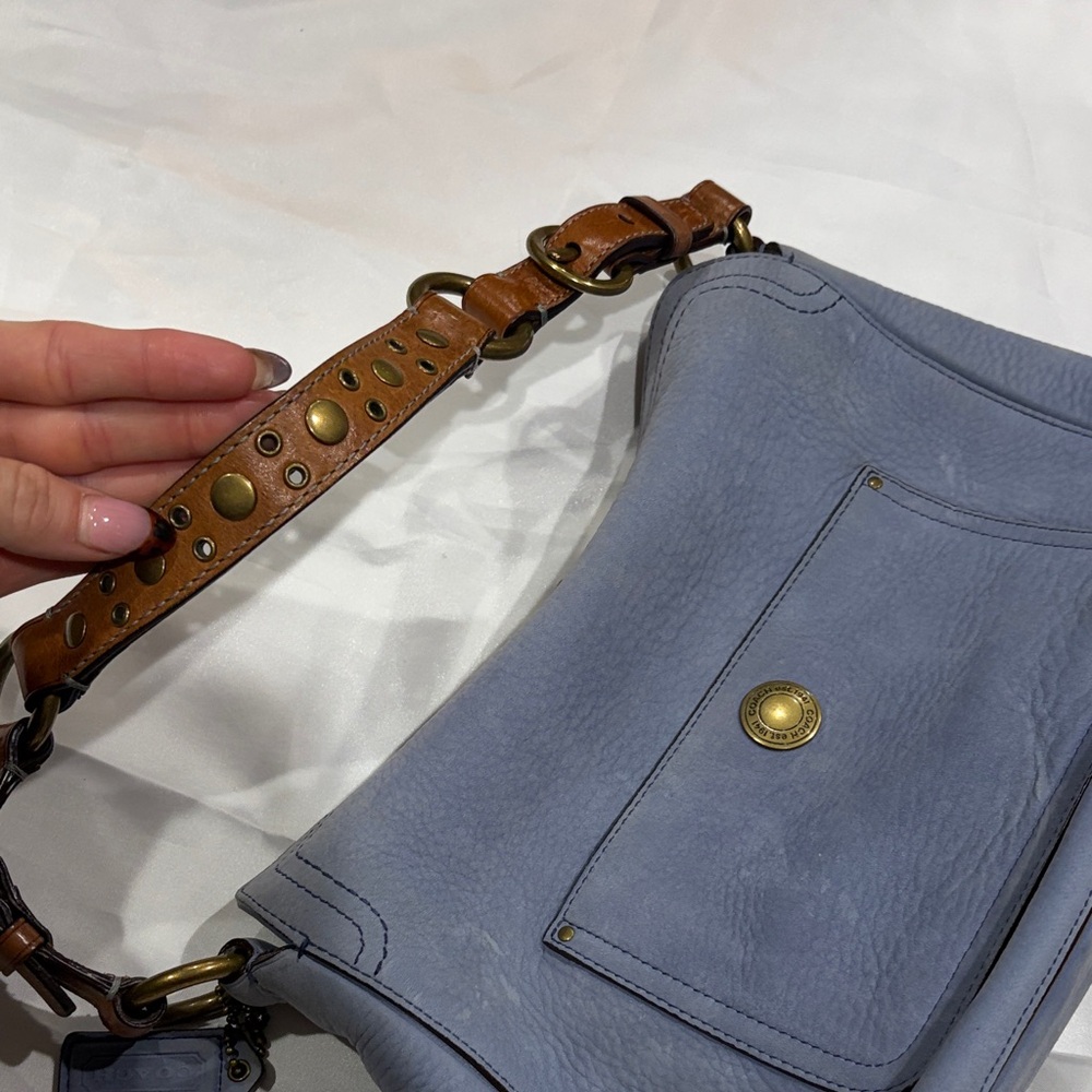Light Blue Leather Shoulder Bag with Brown Studded Strap